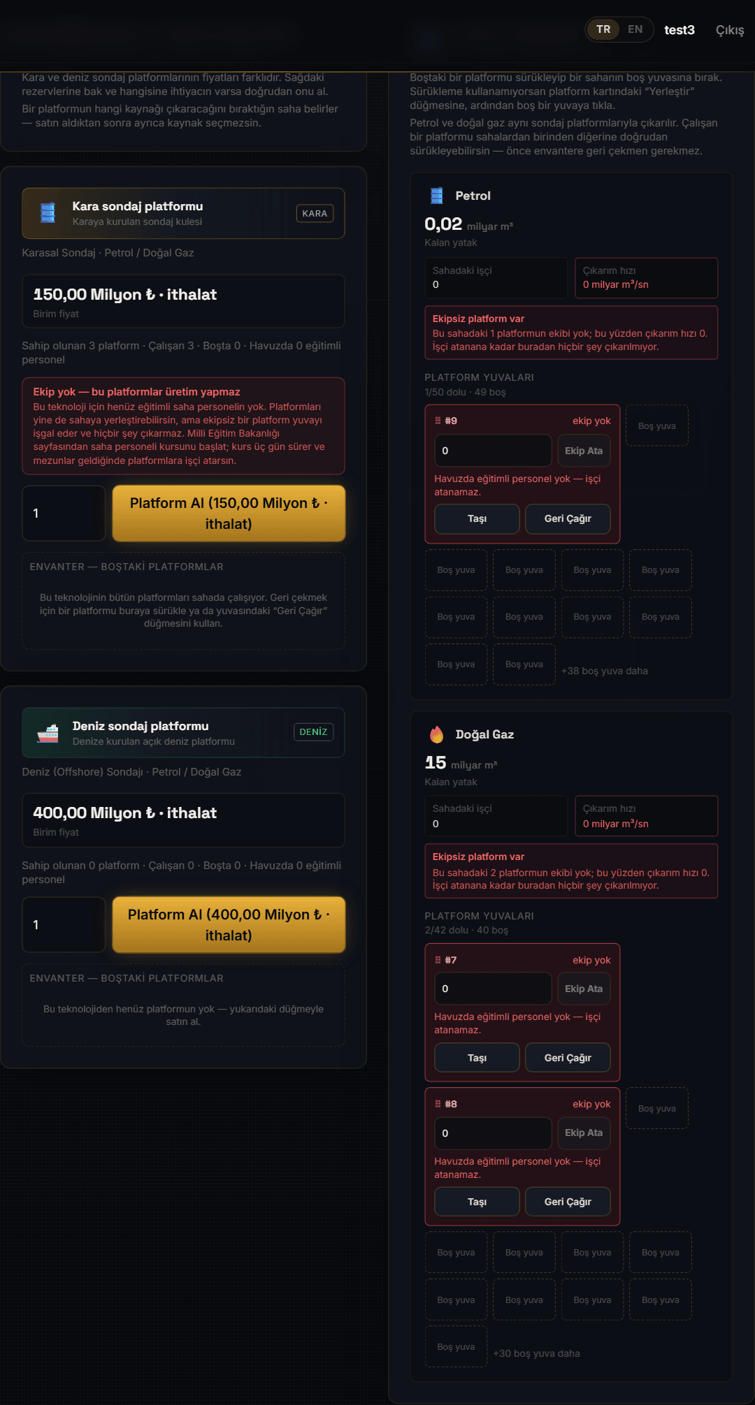 Enerji bakanlığı, petrol ve doğal gaz sekmesi: solda platform satın alma kartları, sağda saha yuvaları